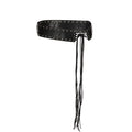 Black leather belt with studs and long fringes on a white background, Obroi