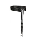 Black leather belt with studs and long fringes on a white background, Obroi