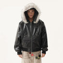 Detachable Fur Collar Leather Jacket Men's High Street Oversized Silhouette Cotton-padded Winter