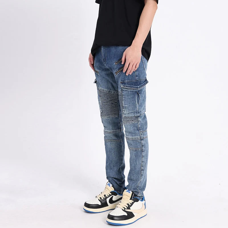 Men Jeans Retro Blue Spliced Patched Elastic Slim Fit Biker Jeans Men Zipper Designer Cargo Pants