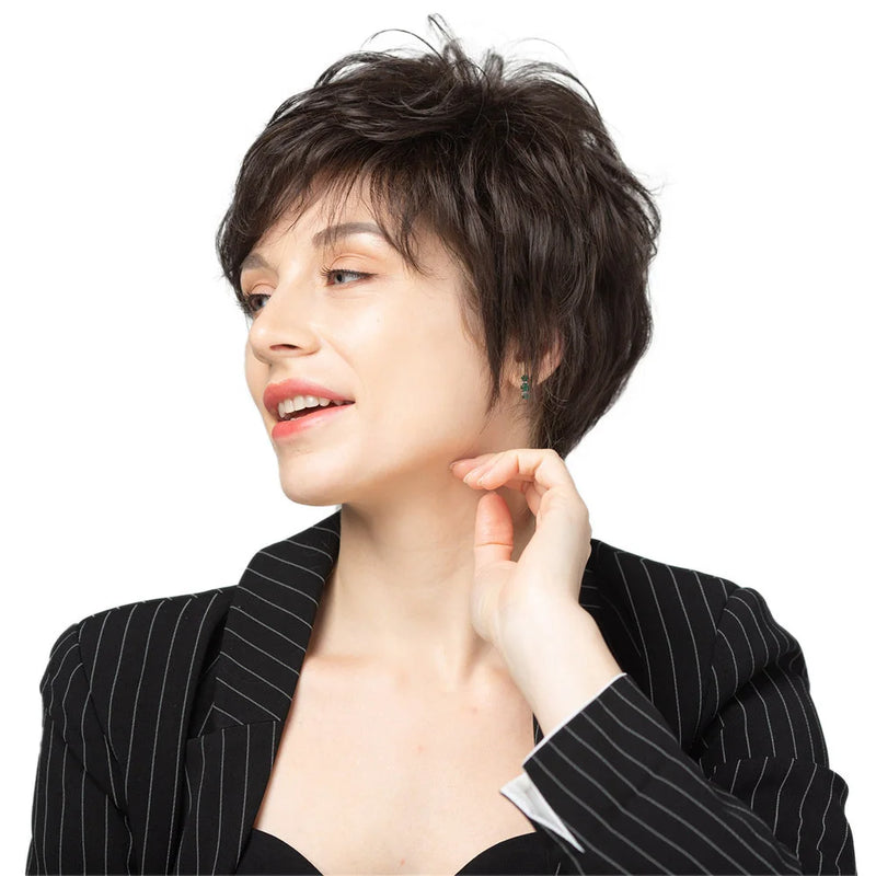 Women Short Straight Layered Wigs With Bangs Dark Brown Human Hair Mixed Wigs Hair