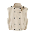 Women High Neck Pleated Sleeveless Vest Double Breasted Cropped Casual Waistcoat Chic Outerwear