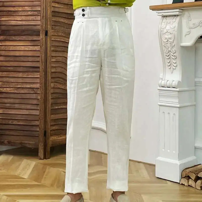 Linen Straight Leg Pant Naples High Waist Suits Retro Men Dress Pant Trouser