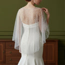 Pearl Beaded Tulle Bridal Cape Short Wedding Shawl Sheer Pink Bolero Cover Up For Wedding Dress