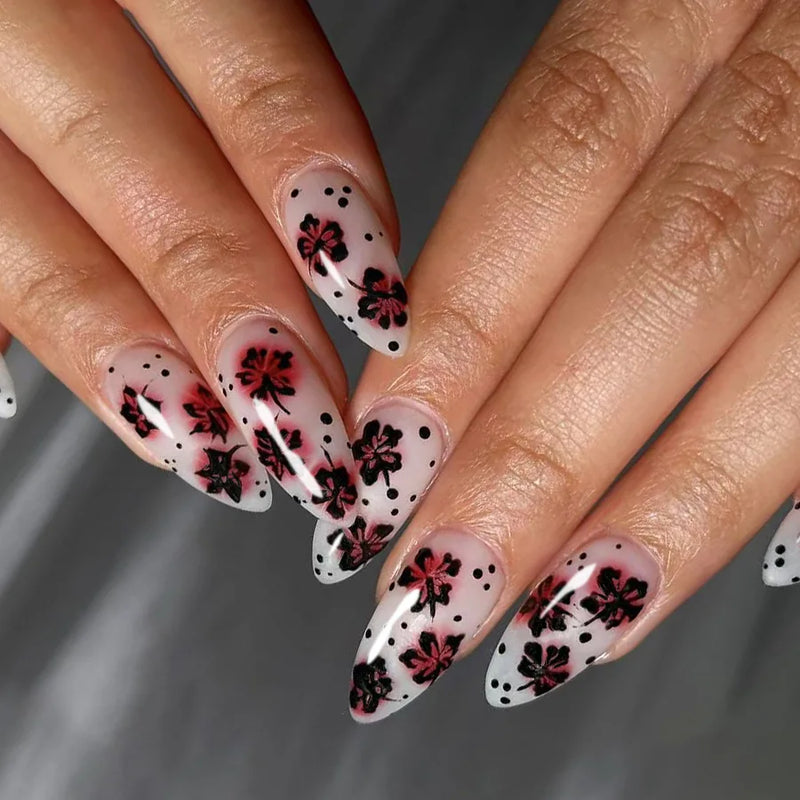 Mid-length Almond Press on Fake Nails  Full Cover Nails Tips Red Smudge Reusable Nails Art