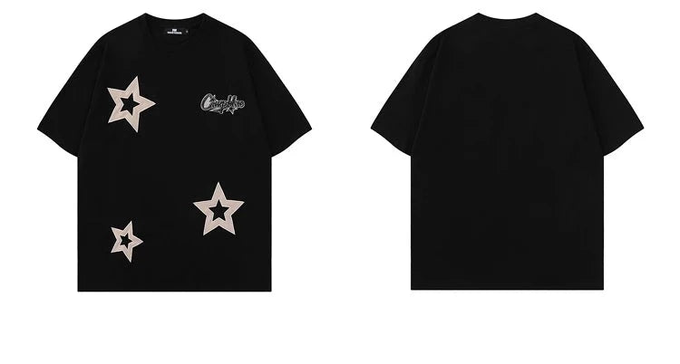 American Retro Star Embroidered Short Sleeved T Shirts Men and Women Loose Cotton Tees for Summer