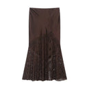 Women Lace Satin Split Midi Skirt High Waist Summer Long Skirts for Female Casual