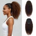 Woman with a ponytail and two views of a curly hair extension on a gray background, Obroi
