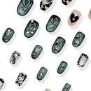 24pcs Gothic Metal Fake Nails Silver Nails 3D Rhinestone Butterfly Decor Almond False Nails Short Oval