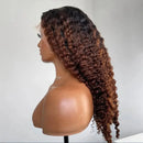 A long, dark brown to black curly wig displayed on a mannequin head and shoulders against a plain light gray background, Obroi