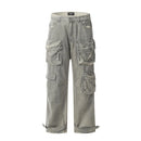 Distressed Straight-leg Cargo Pants Mens Loose Washed Safari Style Denim Pants Men Casual Jeans