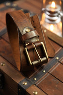 Handmade Extra Thick Men's Belt Brass Pin Buckle Genuine Leather Jeans Tooling Motorcycle Belt