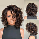 Wear & Go Blonde Highlight Curly Human Hair Wig Lace Short Bob Bouncy Loose Curly Wig For Women