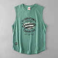 Green sleeveless shirt with racing-themed graphic on a gray background, Obroi