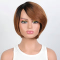 Mannequin head with a brown and black wig on a white background, Obroi