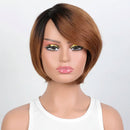 Mannequin head with a brown and black wig on a white background, Obroi