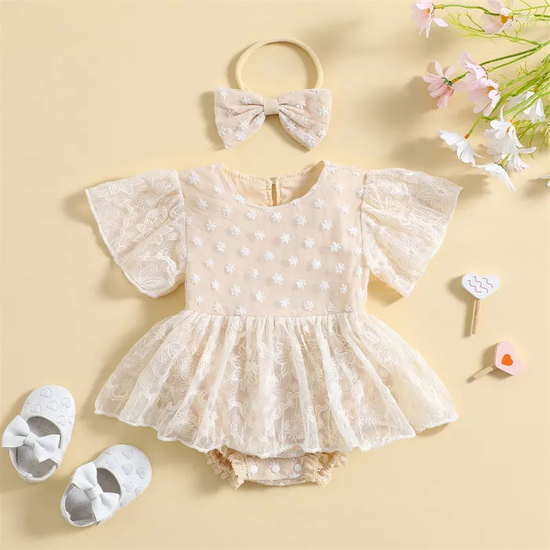 Newborn Baby Girls Summer Rompers Dress Princess Infant Girl Lace Embroidery Elegant Short Sleeve Jumpsuits Tulle Dress Headwear