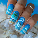 Summer Ocean Press on Nails with Coconut Tree Patterns Glitter