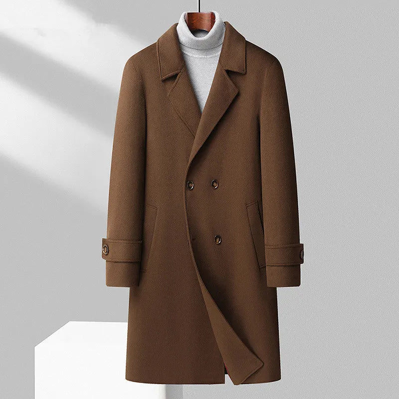 Men's Thick Woolen Trench Coat Double Breasted Long Coat Autumn and Winter