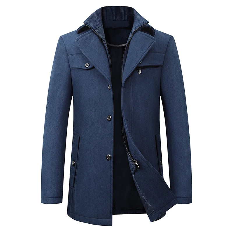 Winter Men's Woolen Windbreaker Coat Solid Trench Slim Fit Business Casual Wool Jacket Blends