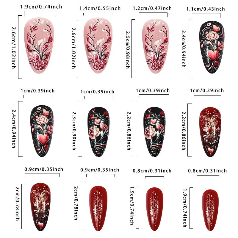 Romantic Floral Press on Nails with Love Design Nails for Women Valentine’s Day Wear Tips