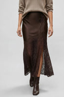 Women Lace Satin Split Midi Skirt High Waist Summer Long Skirts for Female Casual