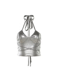 Summer Vintage Women's Halter Neck Silver Crop Tops Sexy Cute Bandage Tank Top Vest Streetwear Camisole T-shirt