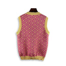Flower Patchwork V-neck Vest Plaid Jacquard Knitted Sweater Sleeveless Oversized Spring and Autumn Casual
