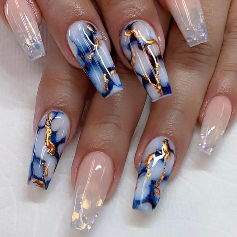 nails set accessories long coffin tips blue marble faux press on acrylic false nail art