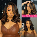 Three-panel collage showing a woman modeling a wavy lace-front wig with dark brown to warm brown ombre highlights. The left panel is a front-facing portrait, the top-right panel shows a hand touching the hair with the text 'Lace Blends Into Skin,' and the bottom-right panel shows a mirror-style selfie view, Obroi