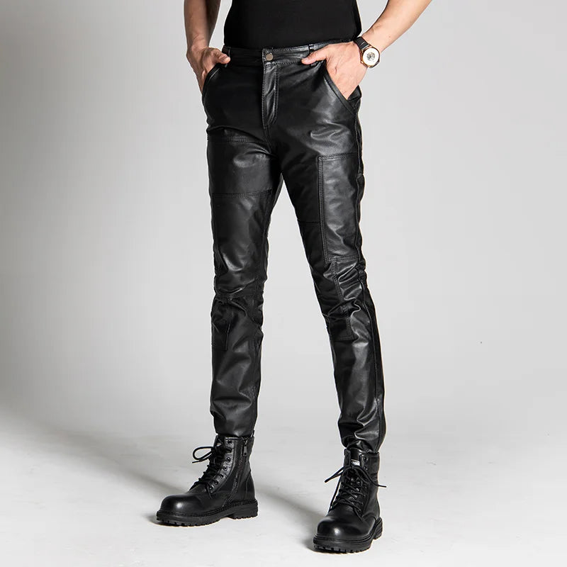 Winter Men's Leather Pants Male Casual Motorcycle Biker Trousers Windproof Warm Pencil Pants