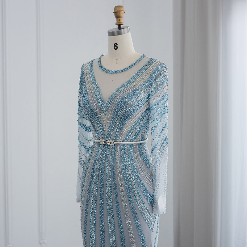 Luxury Dubai Blue Mermaid Evening Dress with Belt Long Sleeves Beaded Women Wedding Formal Party Gowns