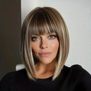Woman with a stylish bob haircut and bangs against a neutral background, Obroi