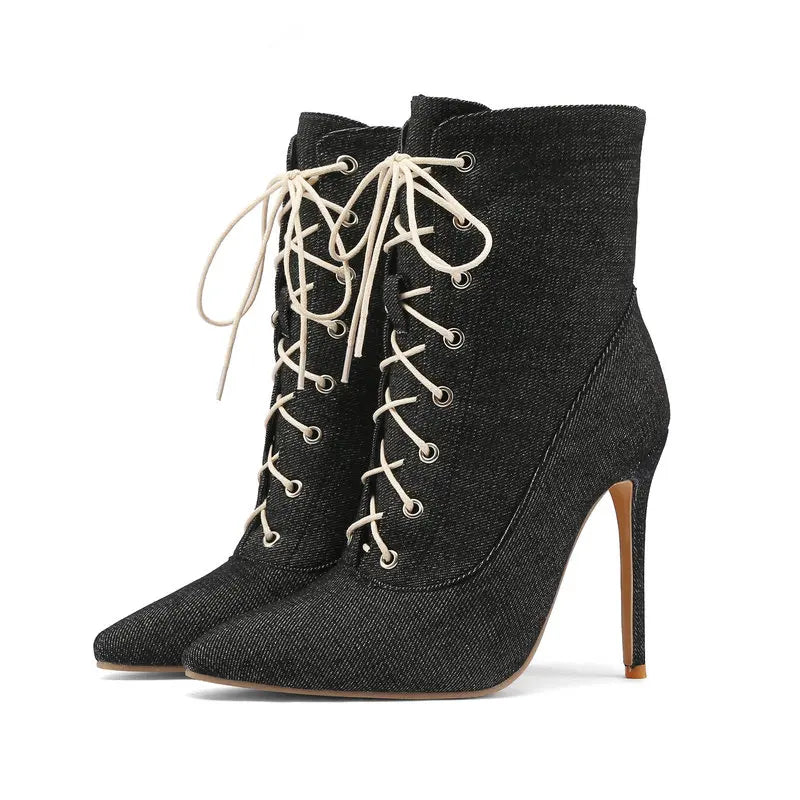 Female Boots Autumn Thin High Heel Ankle Boots Lace Up Women Shoes