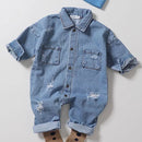Baby Spring and Autumn Denim Jumpsuit for Boys and Girls Long Sleeved Long Crawling Clothes