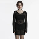 Women Punk Skull Design Weaving Structure Knit Dress Decadent Long Sleeves Short Dresses