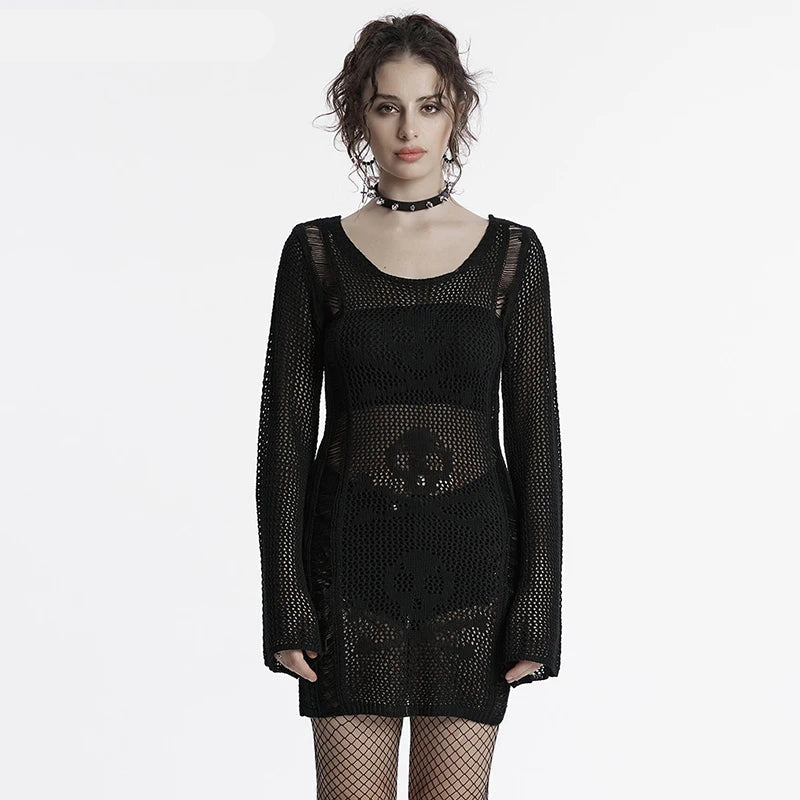 Women Punk Skull Design Weaving Structure Knit Dress Decadent Long Sleeves Short Dresses
