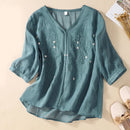 Women Embroidery Loose Literary Retro Top Crew Neck Shirt Ladies Casual Soft Top