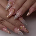 24pcs Blue Ocean Fake Nails Beach Shells Pearl False Nail Tips Almond Press on Nails