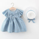 Summer Newborn Baby Girls 2-Piece Set Style Cute Bow Floral Cotton Dress with Sun Hat