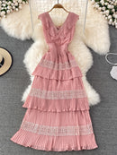 Women Elegant Long Dress Summer Ruffle Pleated Beach Dresses Ladies Slim Layer Dress