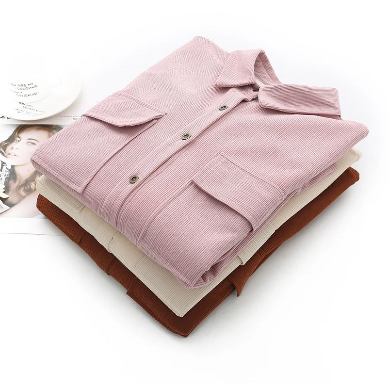 Women's Casual Style Solid Fleece-lined Shirt Autumn And Winter Loose Lapel Top