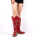 Women Embroidery Star Western Cowgirl Boots Pointed Toe Side Zipper Knee High with Heel Boots