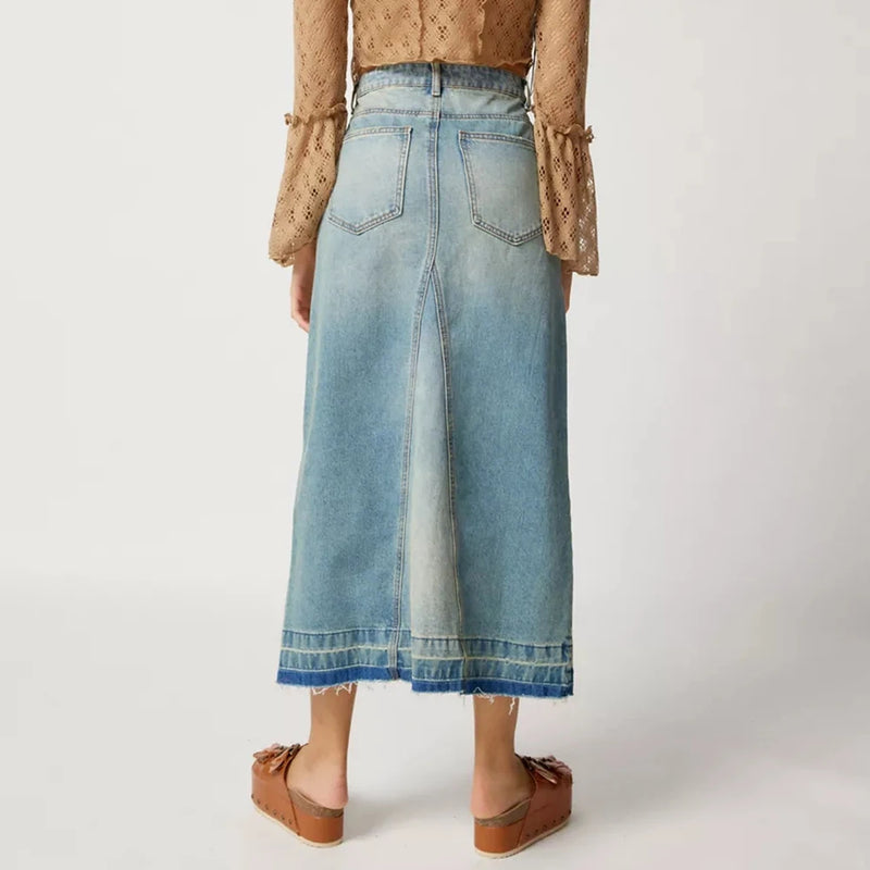 Denim Skirts Casual Plain High Waist Slit Midi Skirts for Women