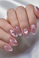 Press on Nails Tips Purple Love Bow Design Nail Tips Short Oval Wearable Nail Art French Glitter Nail 24Pc