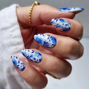 24Pcs Blue French Fake Nails  Glittering Almond Press on False Nails Gradient Flowers with Diamonds Detachable Manicure