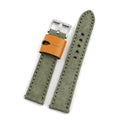 Green watch strap with orange end piece and silver buckle on a white background, Obroi