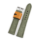 Green watch strap with orange end piece and silver buckle on a white background, Obroi