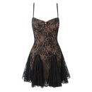 Women Spaghetti Straps Lace Dresses Black Beige Backless Hollow Out A-line Mini Dress Night Out Robe