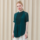 Silk Green Jacquard Women T-shirt Half-high Collar Raglan Sleeves Hem Split Straight Loose Tops